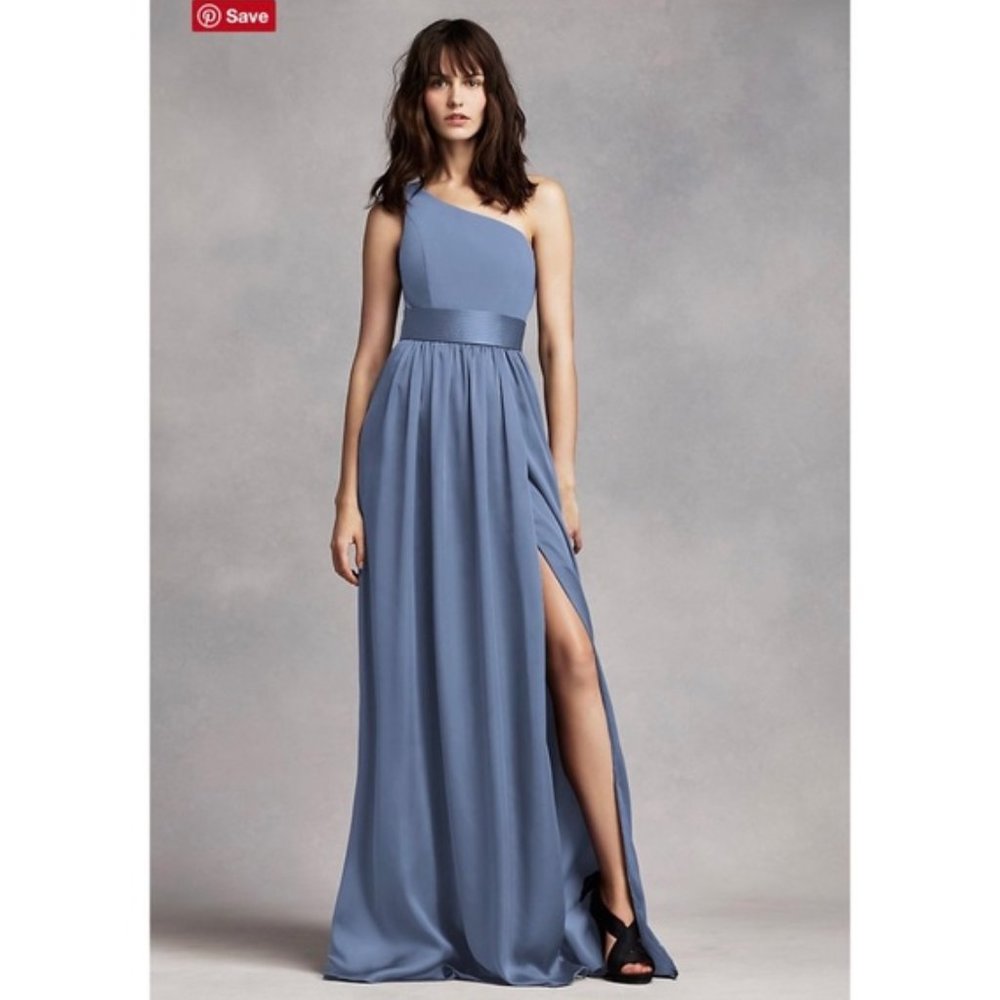 NWT White By Vera Wang David's Bridal One Shoulder Dress with Satin Sash Blue